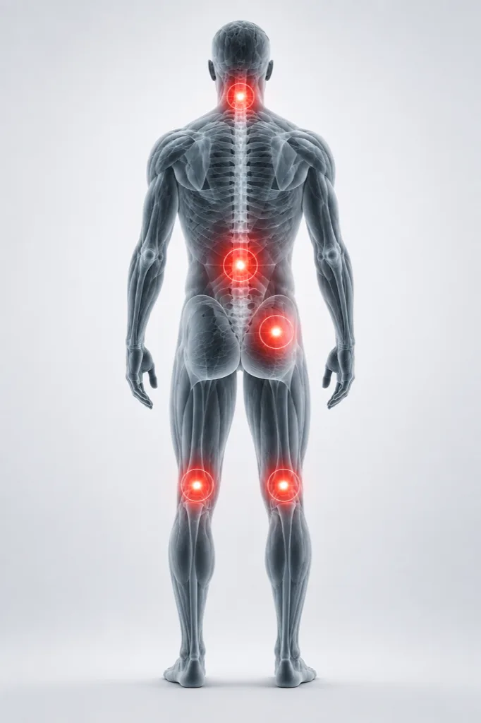 Illustration of the human body highlighting common areas of chiropractic pain